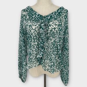 White House Black Market Green Floral Ruffle Neck Tie Blouse Women's M Boho